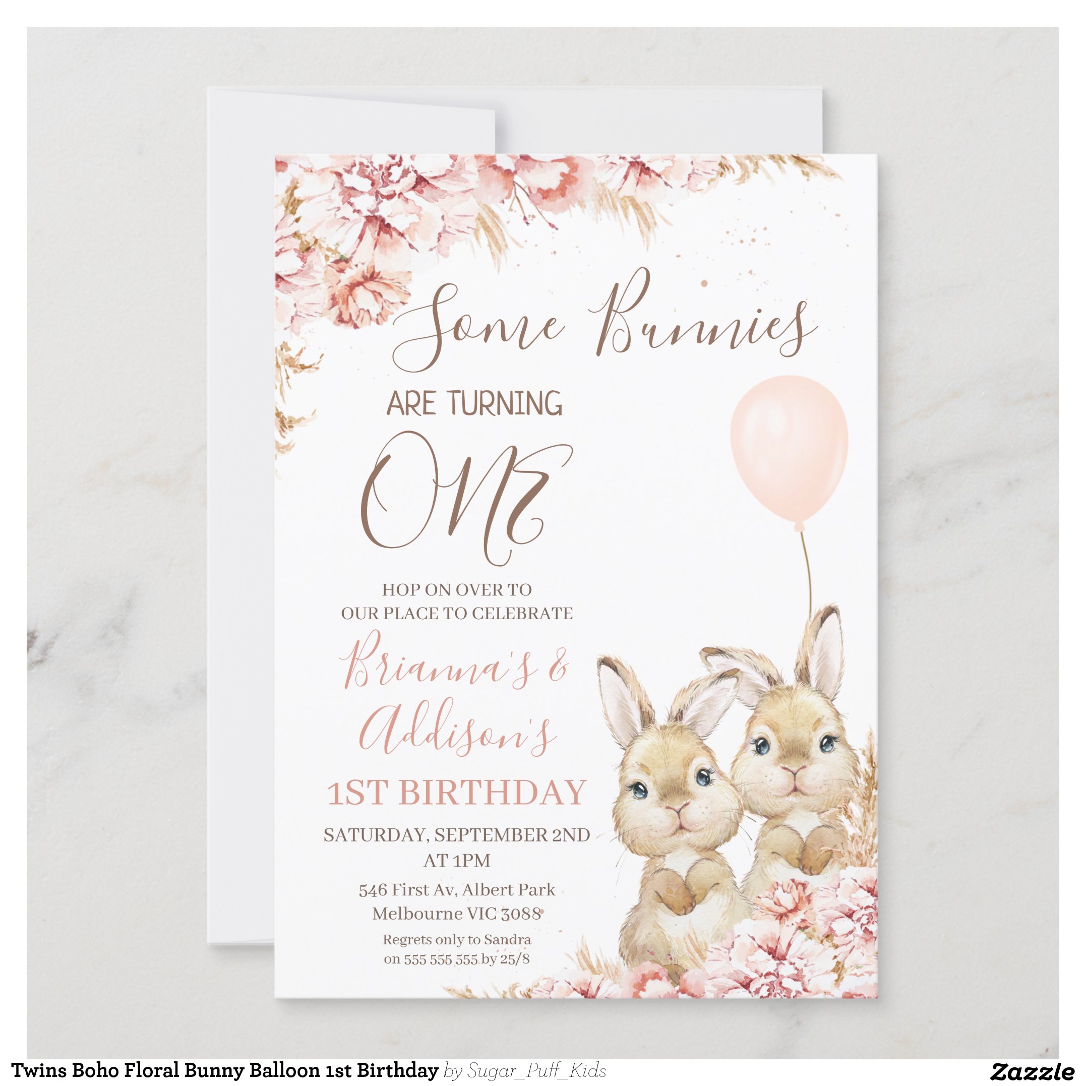 Twins Boho Floral Bunny Balloon 1st Birthday Invitation
