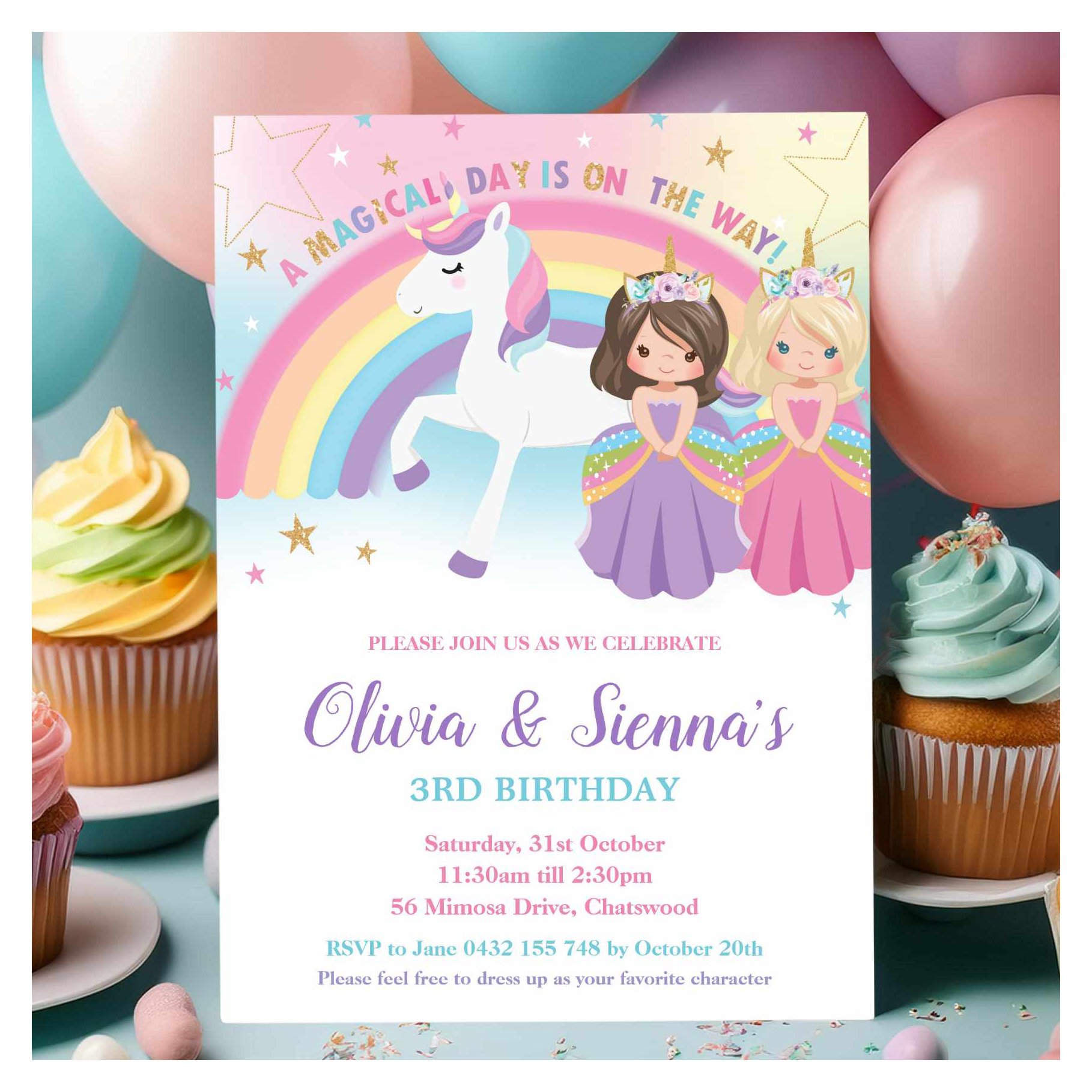 Twins Brunette Blonde Princesses Unicorn Birthday Invitation