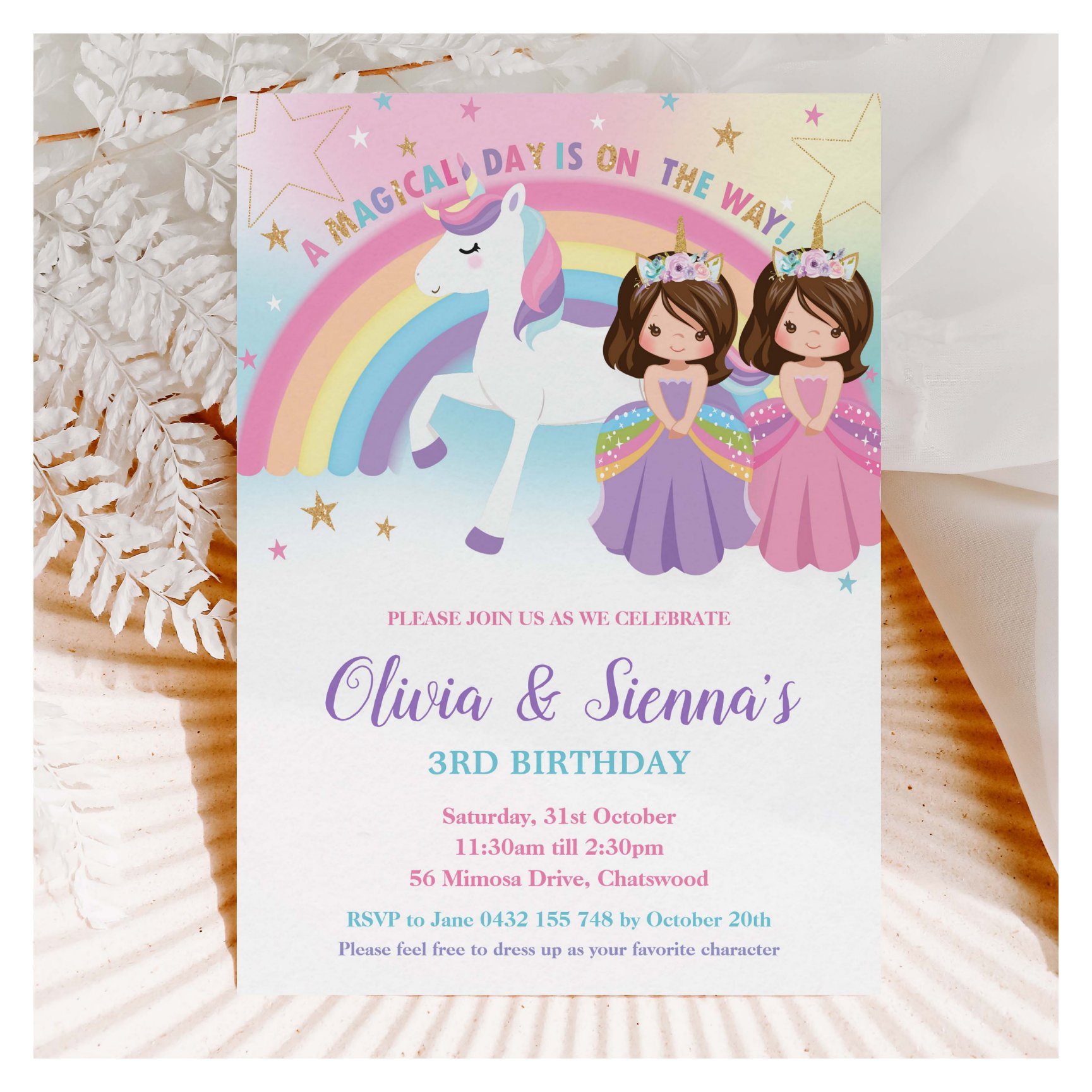 Twins Brunette Princesses and Unicorn Birthday Invitation