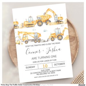 Twins Stop The Traffic Under Construction Birthday Invitation