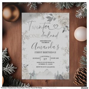 Twinter Onederland Snowflake White Floral Birthday Invitation