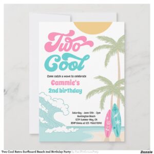 Two Cool Retro Surfboard Beach 2nd Birthday Party Invitation