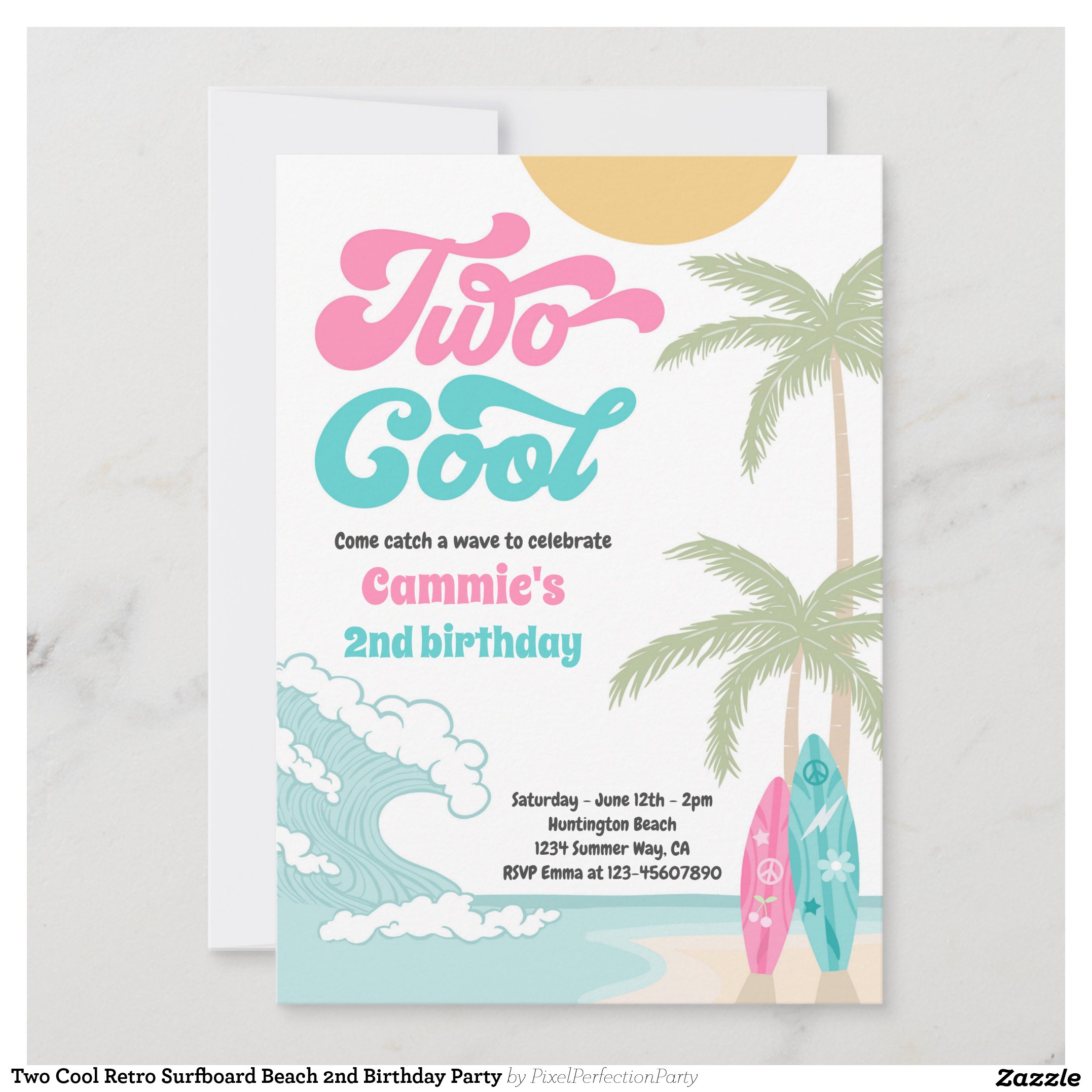 Two Cool Retro Surfboard Beach 2nd Birthday Party Invitation
