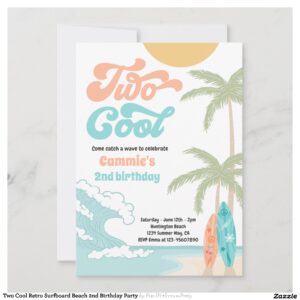 Two Cool Retro Surfboard Beach 2nd Birthday Party Invitation