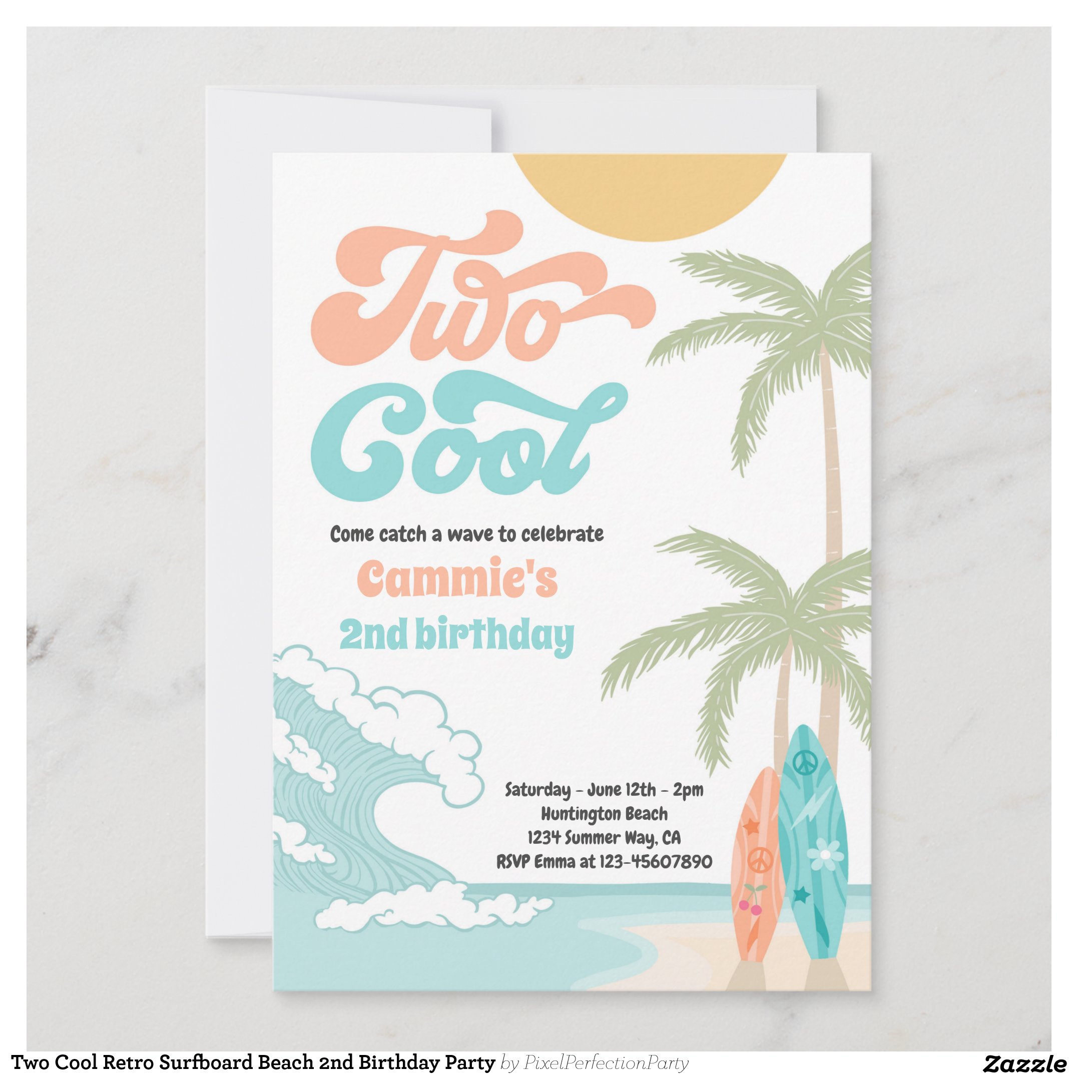 Two Cool Retro Surfboard Beach 2nd Birthday Party Invitation