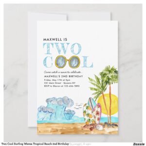 Two Cool Surfing Waves Tropical Beach 2nd Birthday Invitation