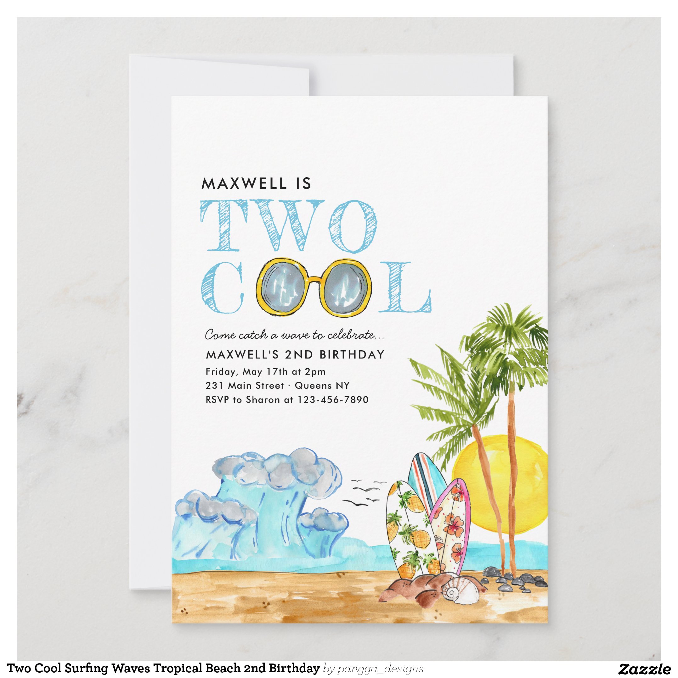 Two Cool Surfing Waves Tropical Beach 2nd Birthday Invitation