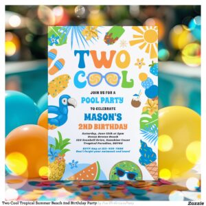 Two Cool Tropical Summer Beach 2nd Birthday Party Invitation