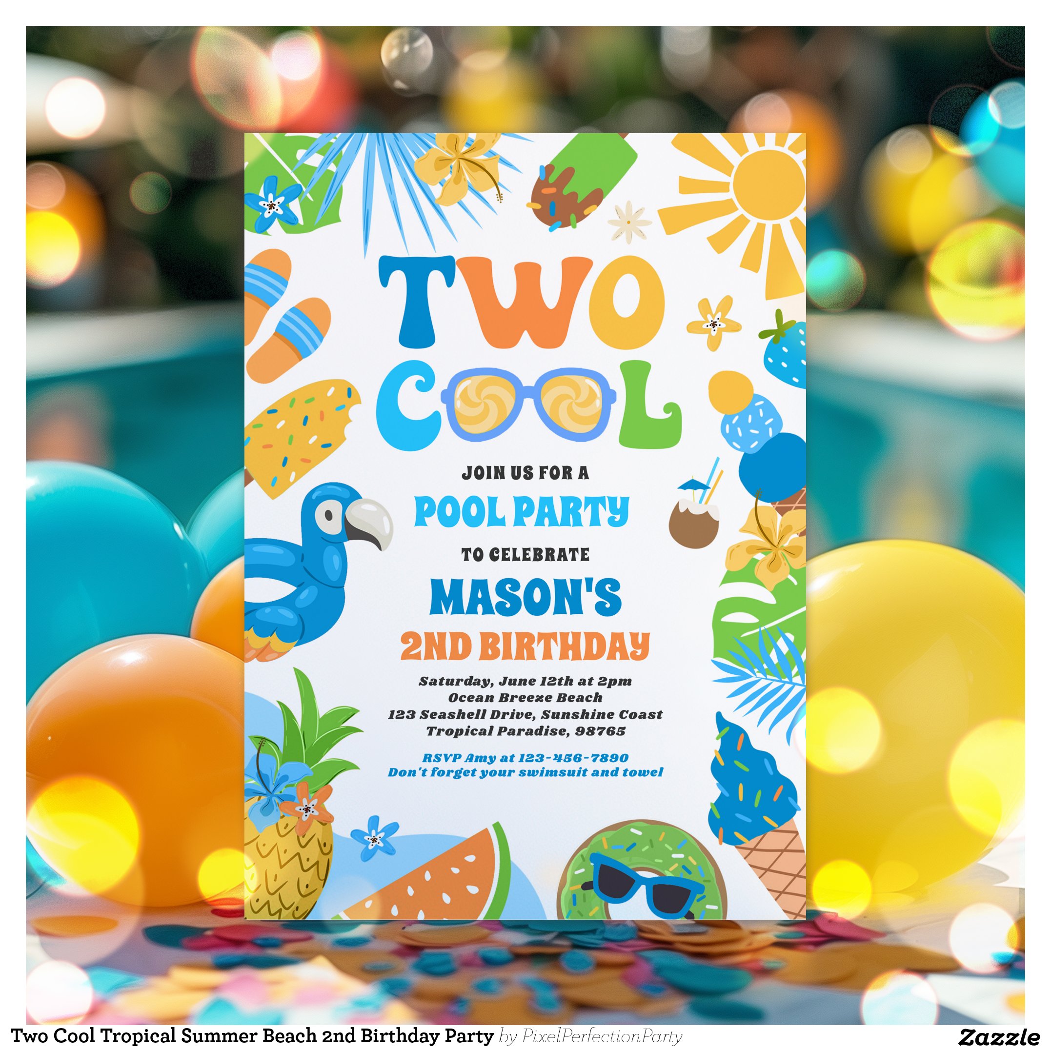 Two Cool Tropical Summer Beach 2nd Birthday Party Invitation