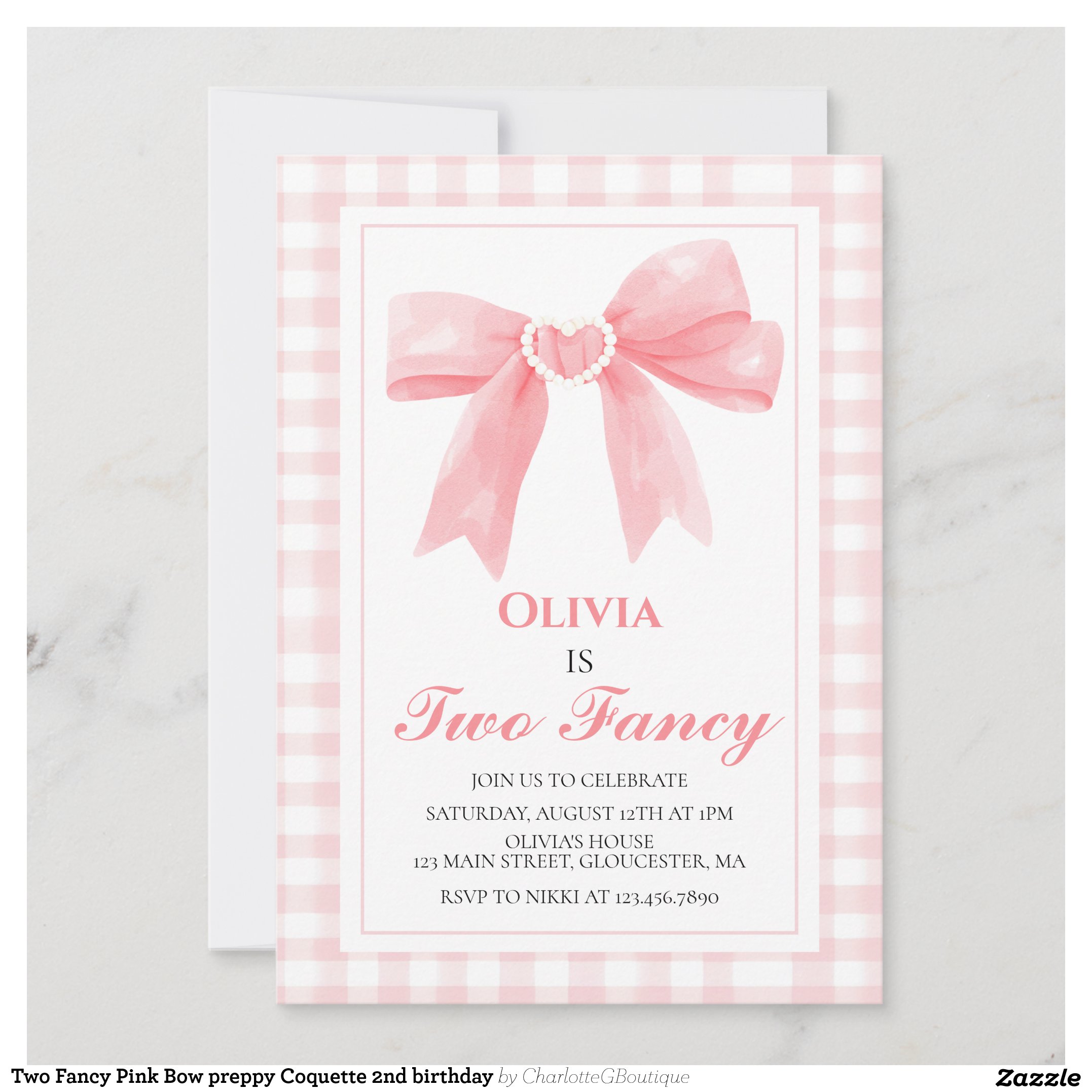Two Fancy Pink Bow preppy Coquette 2nd birthday Invitation