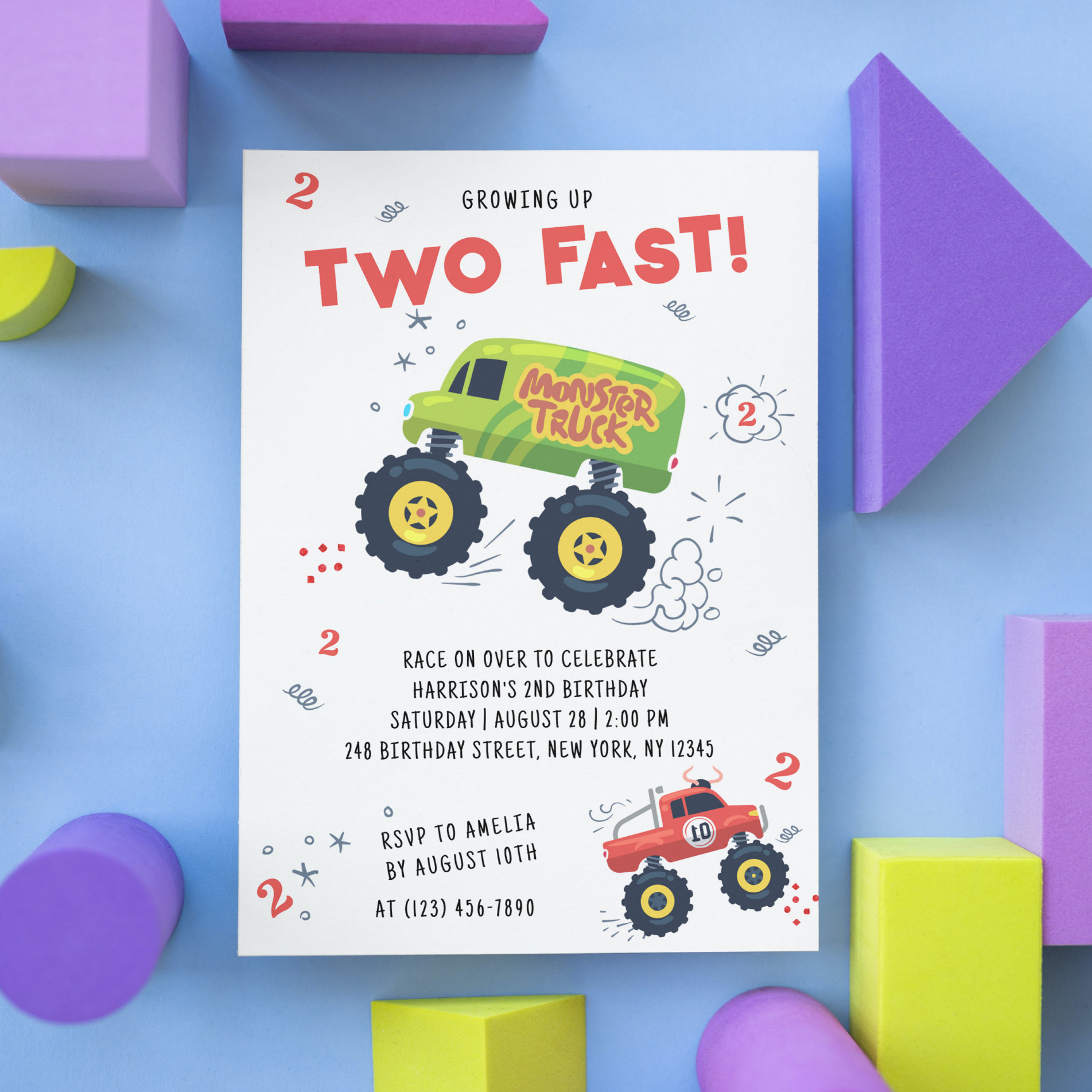 Two Fast 2nd Birthday Kids Monster Car Trucks Invitation