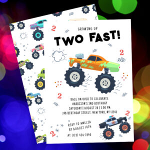 Two Fast 2nd Birthday Kids Monster Car Trucks Invitation