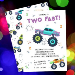 Two Fast 2nd Birthday Kids Monster Car Trucks Invitation