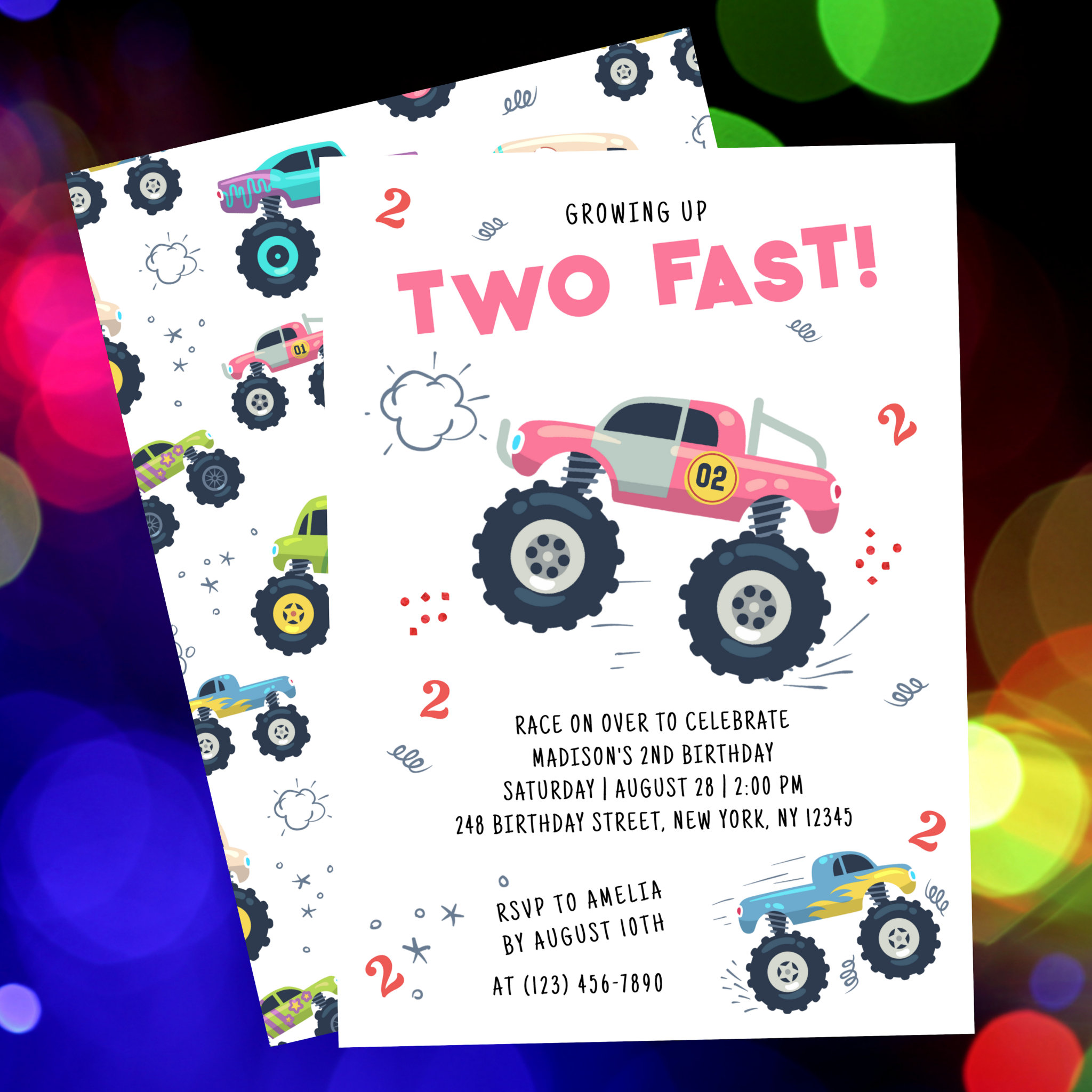 Two Fast 2nd Birthday Kids Monster Car Trucks Invitation