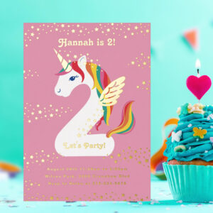 Two nicorn Unicorn Second Birthday Party Foil Invitation