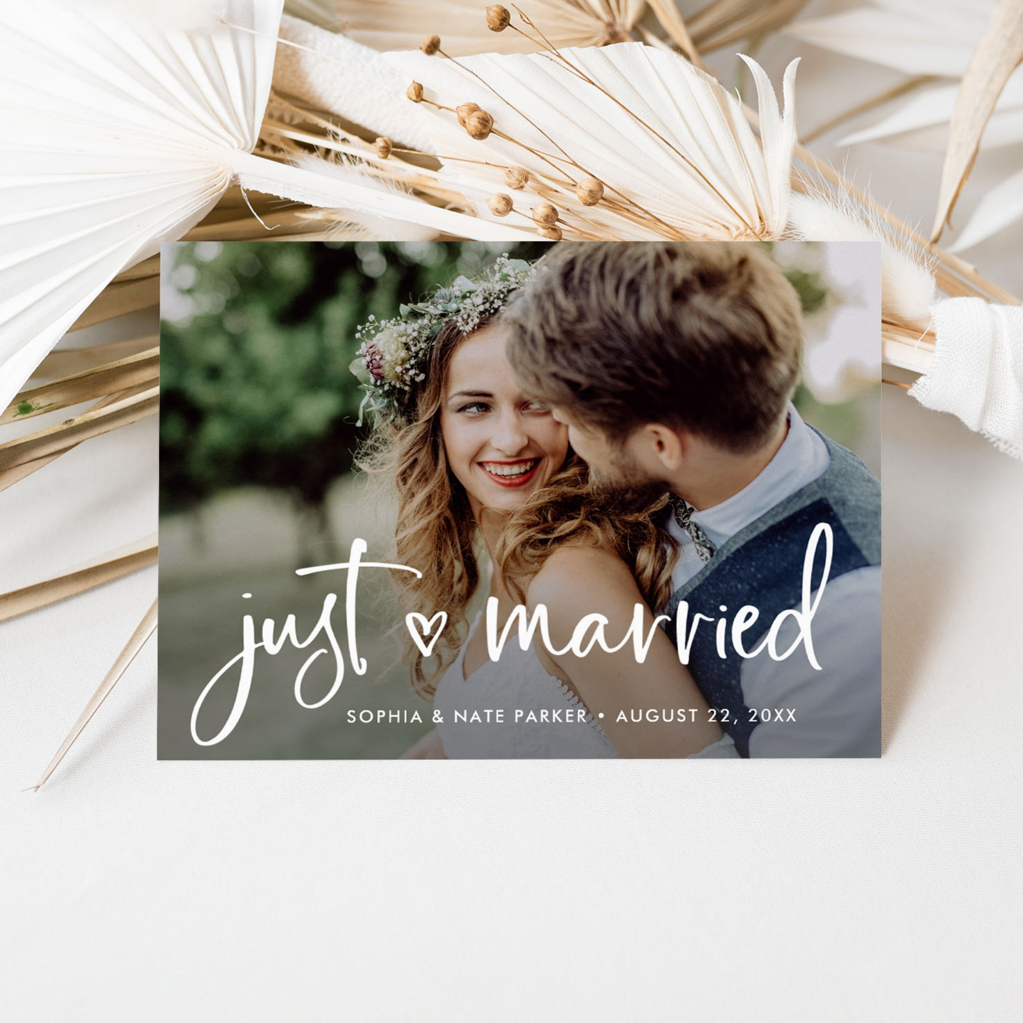 Two Photo White Heart and Script Just Married Announcement Postcard