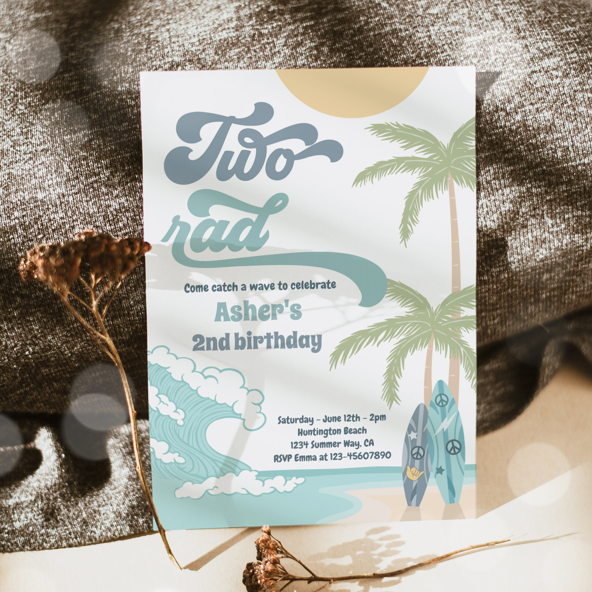 Two Rad Retro Surf Beach 2nd Birthday Party Invitation