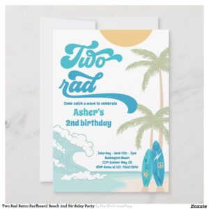 Two Rad Retro Surfboard Beach 2nd Birthday Party Invitation