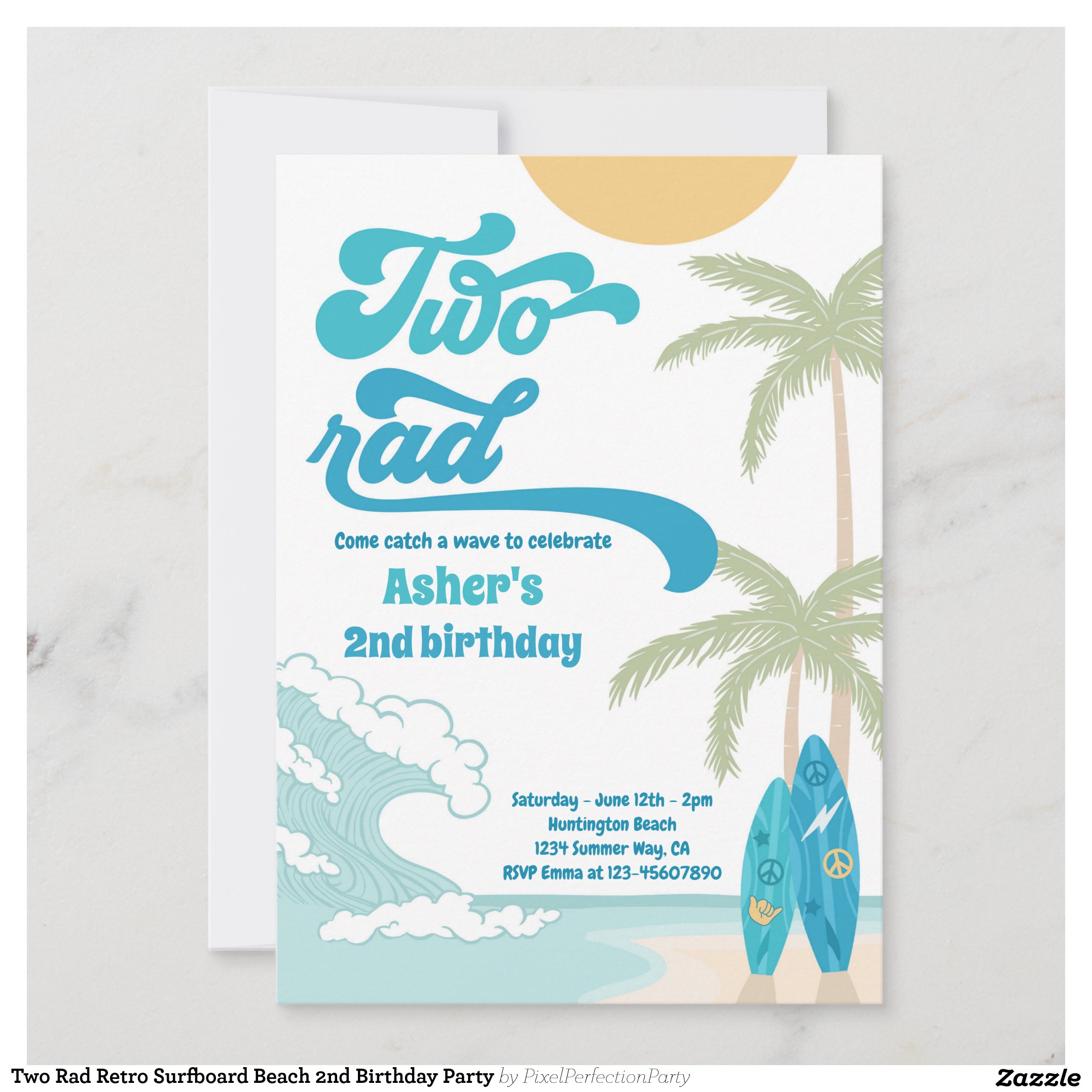 Two Rad Retro Surfboard Beach 2nd Birthday Party Invitation
