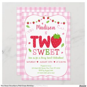 Two Sweet Strawberry Pink Green Birthday Invitation