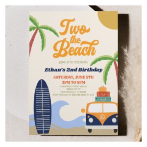 Two The Beach Surf Blue Retro 2nd Birthday Party Invitation