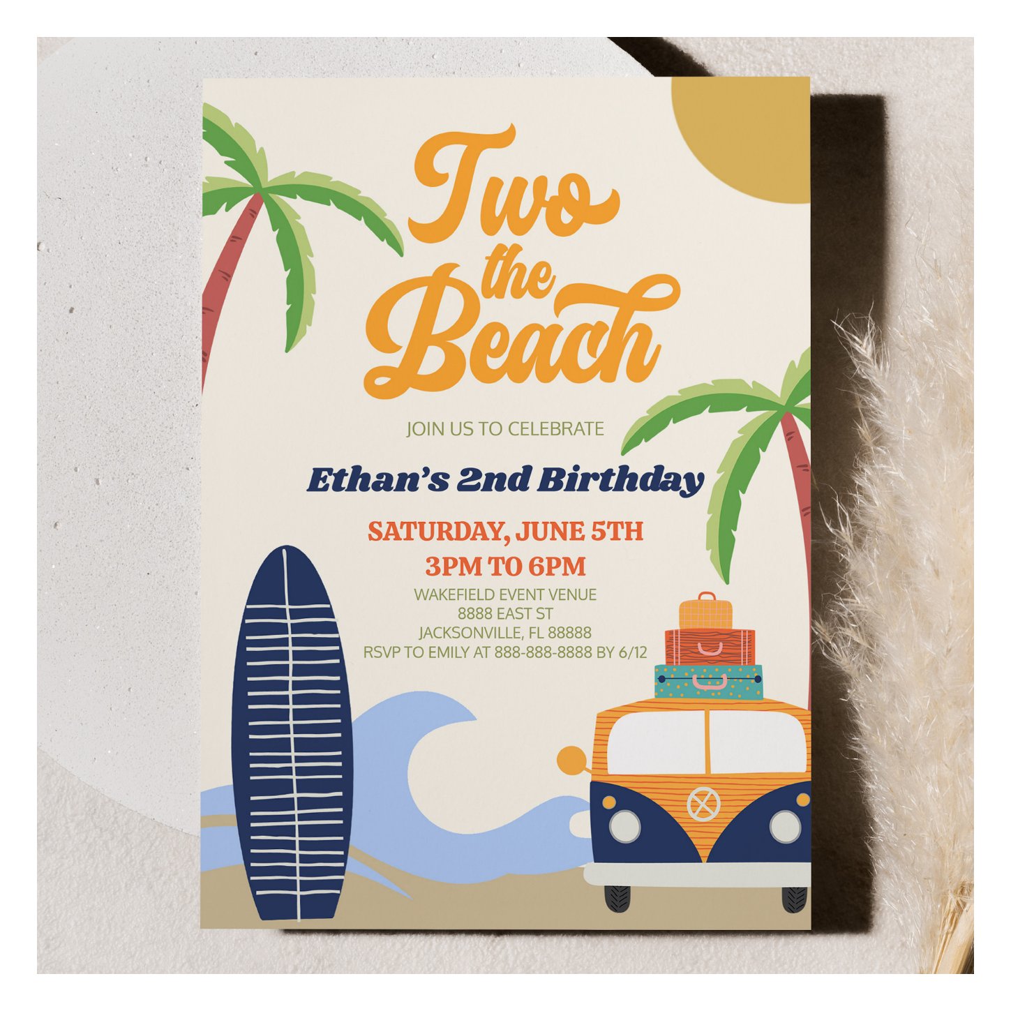 Two The Beach Surf Blue Retro 2nd Birthday Party Invitation