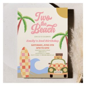Two The Beach Surf Pink Retro 2nd Birthday Party Invitation