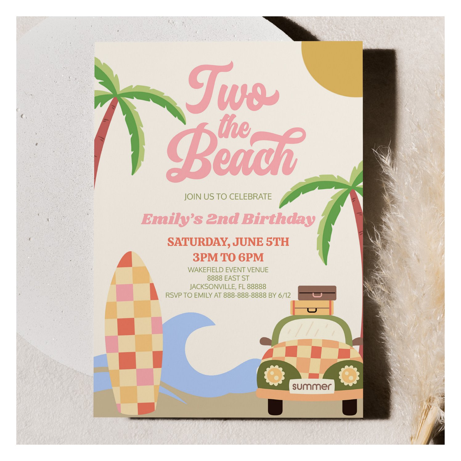 Two The Beach Surf Pink Retro 2nd Birthday Party Invitation