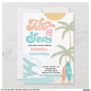 Two The Sea Retro Surfboard Beach 2nd Birthday Invitation