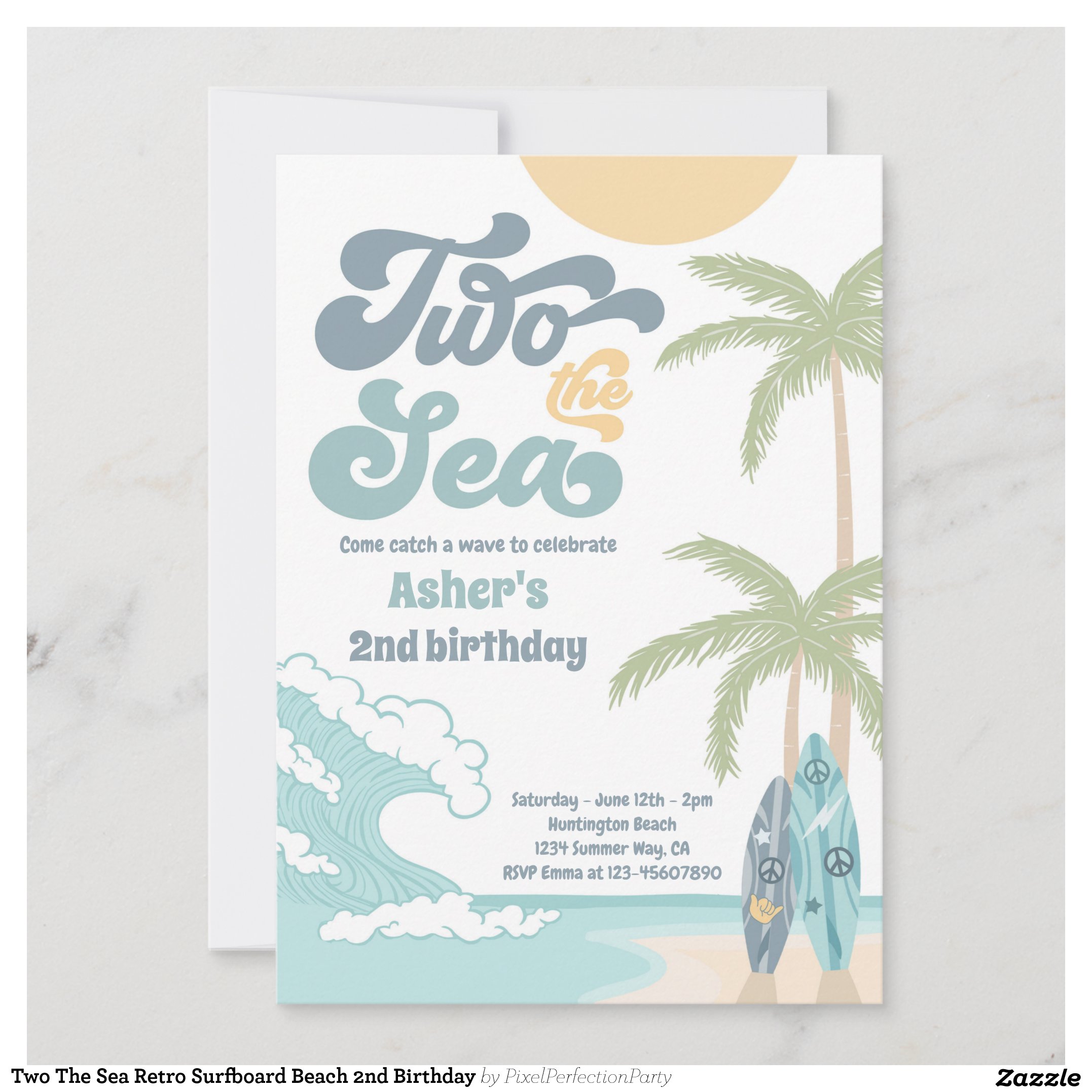 Two The Sea Retro Surfboard Beach 2nd Birthday Invitation