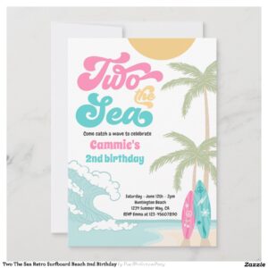 Two The Sea Retro Surfboard Beach 2nd Birthday Invitation