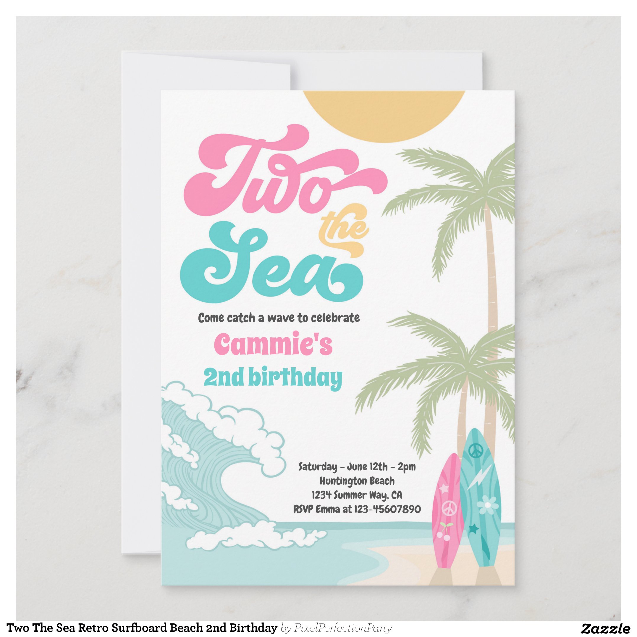 Two The Sea Retro Surfboard Beach 2nd Birthday Invitation