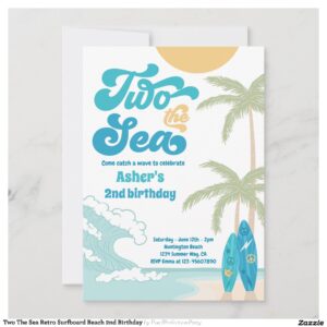 Two The Sea Retro Surfboard Beach 2nd Birthday Invitation