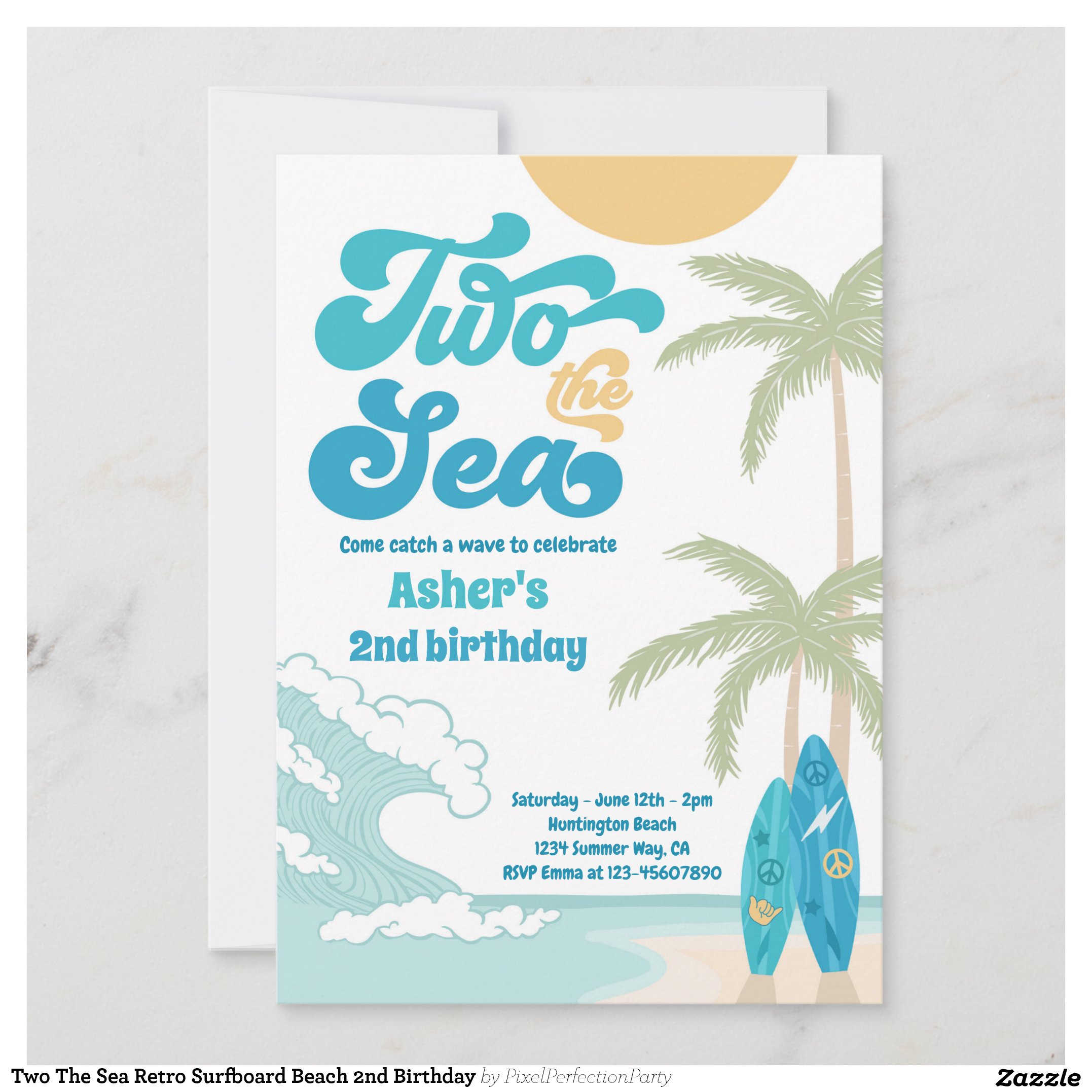 Two The Sea Retro Surfboard Beach 2nd Birthday Invitation
