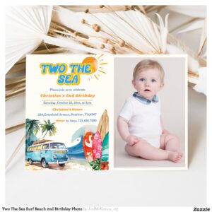 Two The Sea Surf Beach 2nd Birthday Photo Invitation
