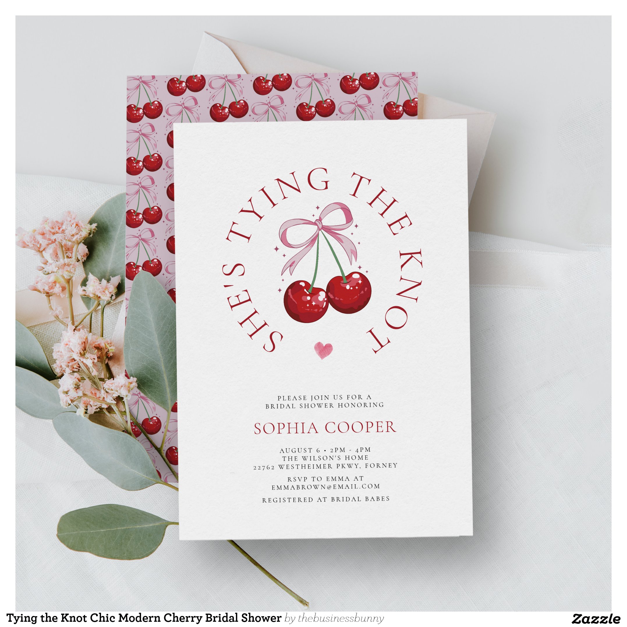 Tying the Knot Chic Modern Cherry Bridal Shower Invitation