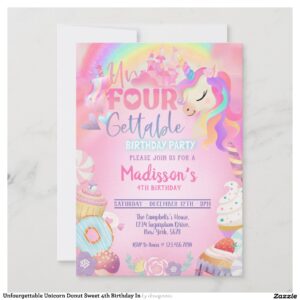 Unfourgettable Unicorn Donut Sweet 4th Birthday In Invitation