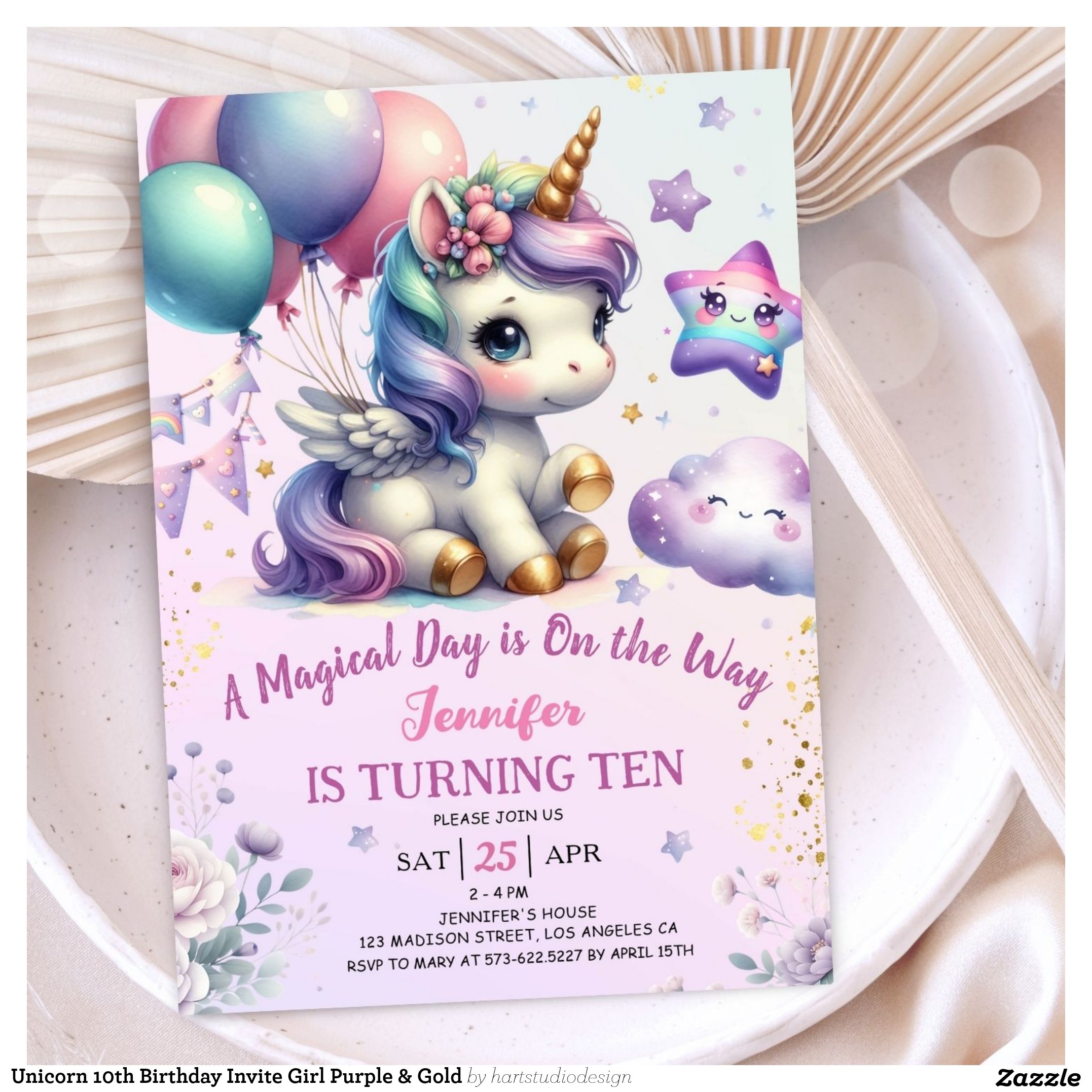 Unicorn 10th Birthday Invite Girl Purple & Gold
