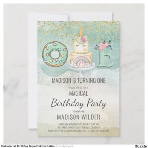 Unicorn 1st Birthday Aqua Pink Invitation