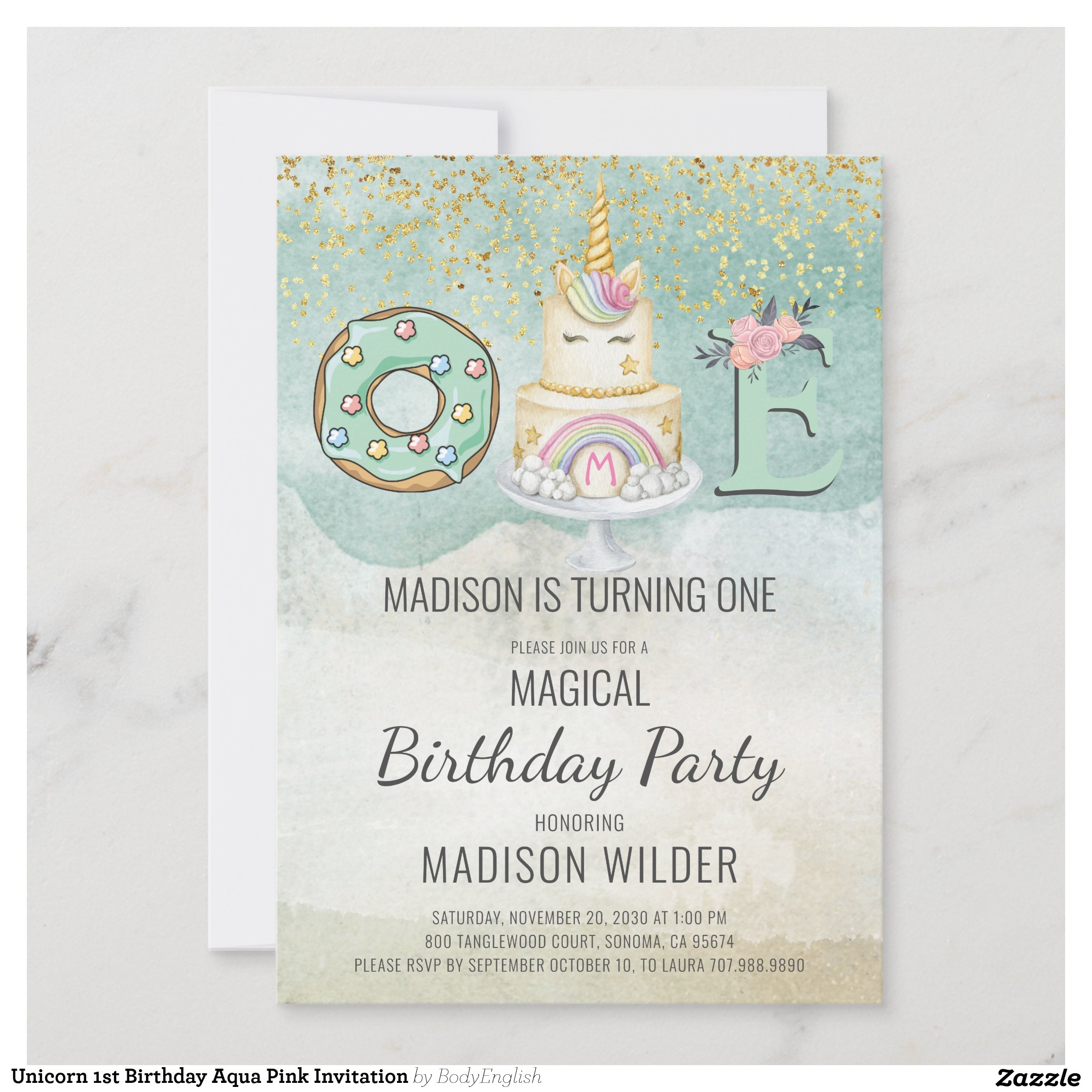 Unicorn 1st Birthday Aqua Pink Invitation