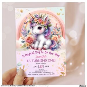 Unicorn 1st Birthday Girl Pink Floral Rainbow Invitation