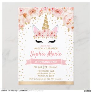 Unicorn 1st Birthday - Gold Pink Invitation