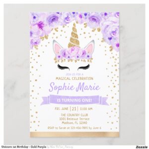 Unicorn 1st Birthday - Gold Purple Invitation