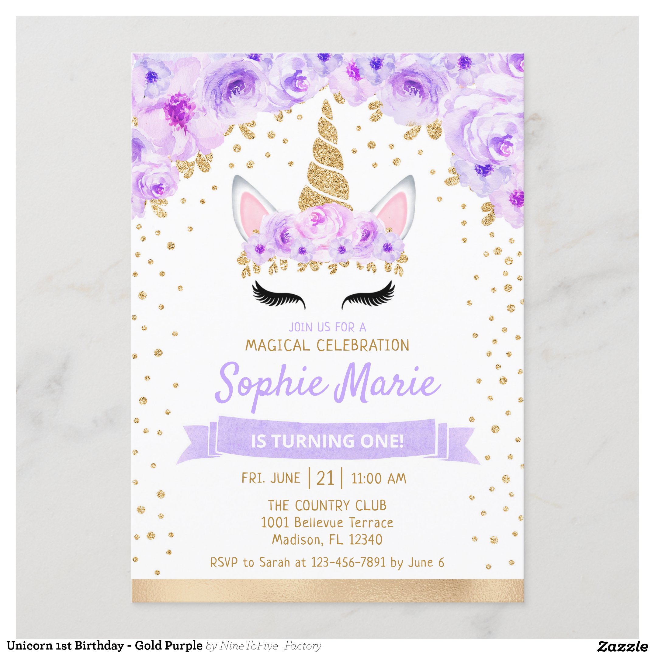 Unicorn 1st Birthday - Gold Purple Invitation