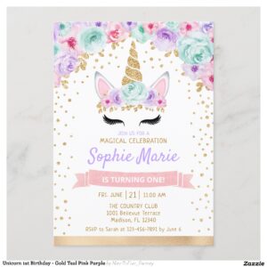 Unicorn 1st Birthday - Gold Teal Pink Purple Invitation