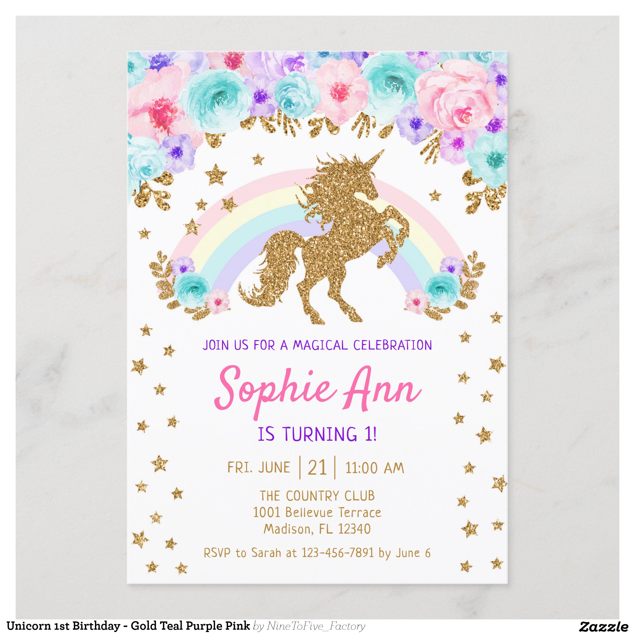 Unicorn 1st Birthday - Gold Teal Purple Pink Invitation