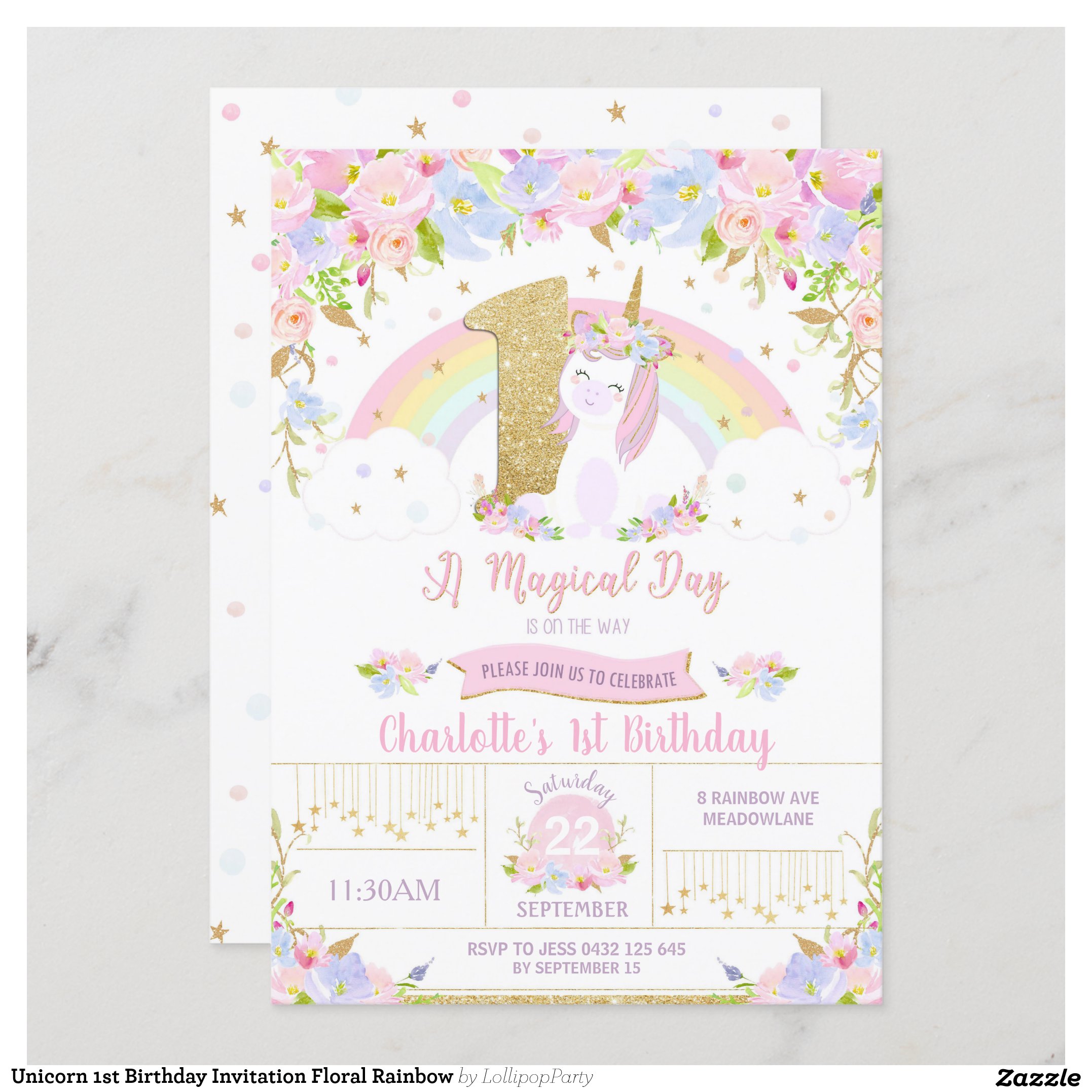 Unicorn 1st Birthday Invitation Floral Rainbow