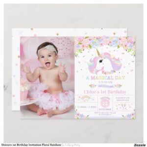 Unicorn 1st Birthday Invitation Floral Rainbow