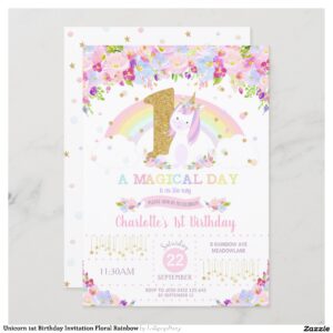 Unicorn 1st Birthday Invitation Floral Rainbow