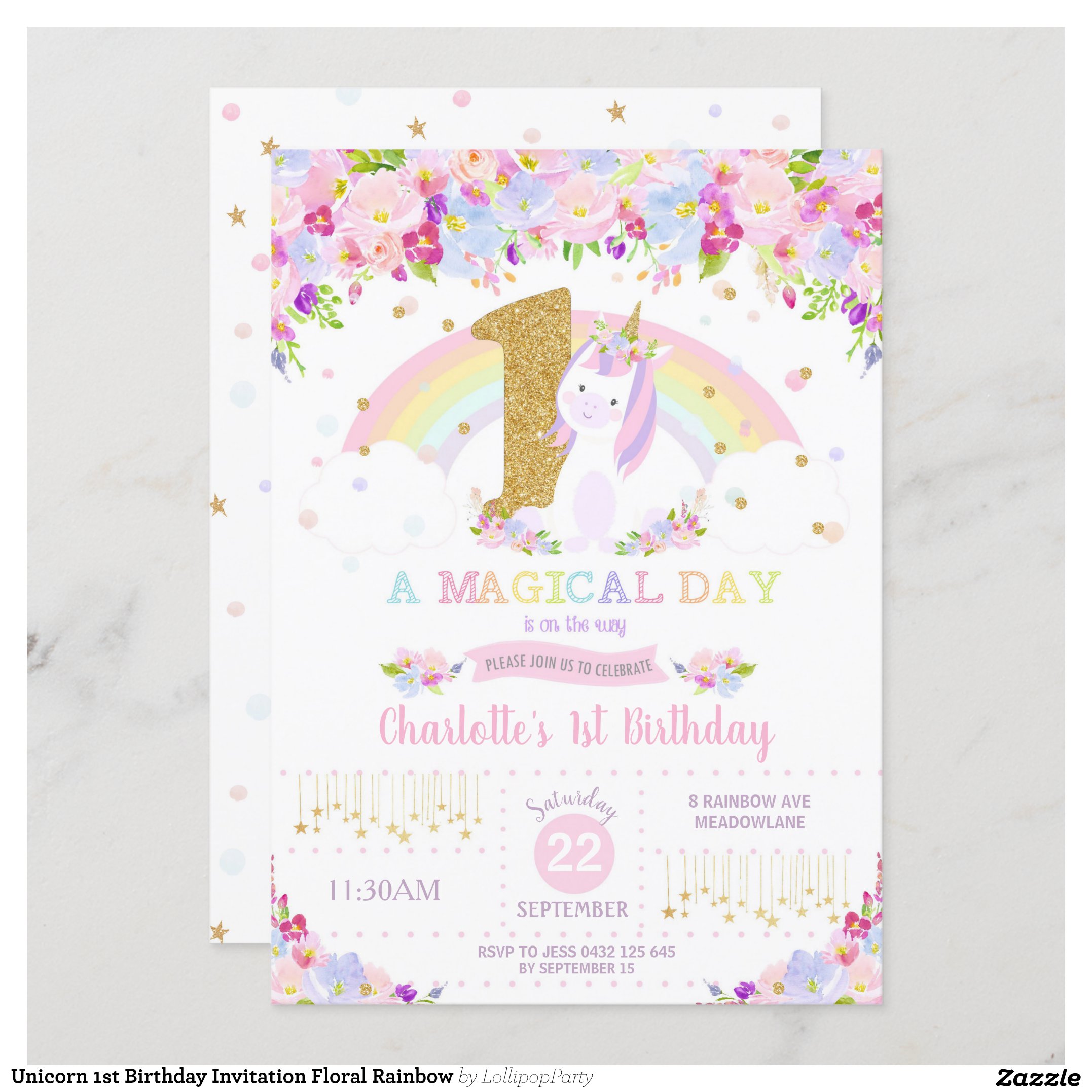 Unicorn 1st Birthday Invitation Floral Rainbow